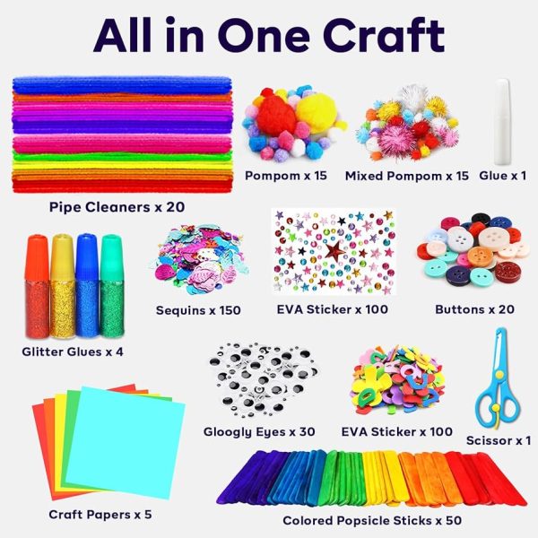FUNZBO Arts and Crafts Supplies for Kids - Craft Kit with Glitter Glue Stick, Pipe Cleaners Pom Poms Craft & Craft Tools